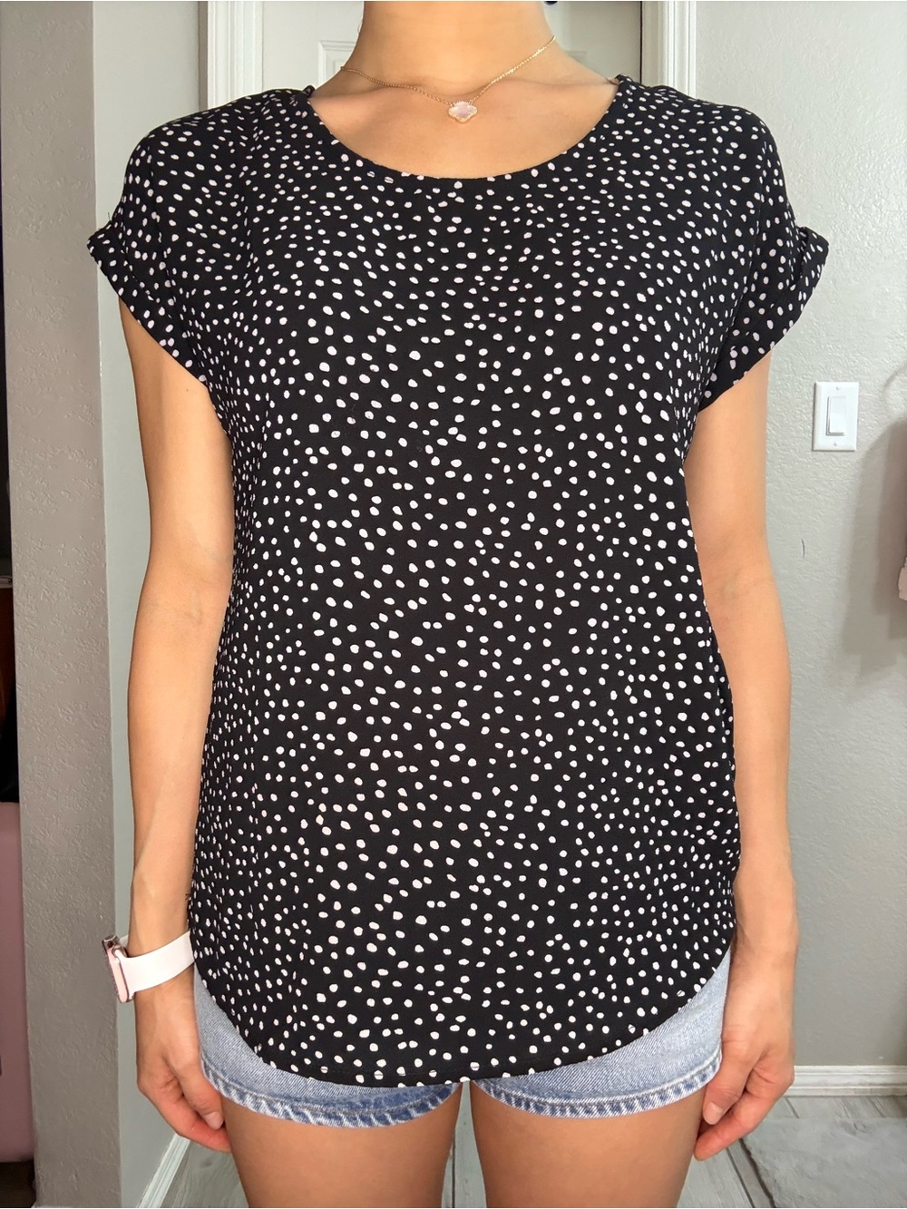 Women's Black and White Polka Dot Short Sleeve Top